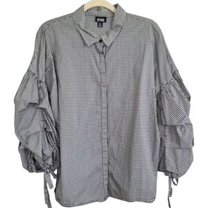 Ana Romantic Puff Sleeves Gingham Check Button Down Blouse Collared XXL